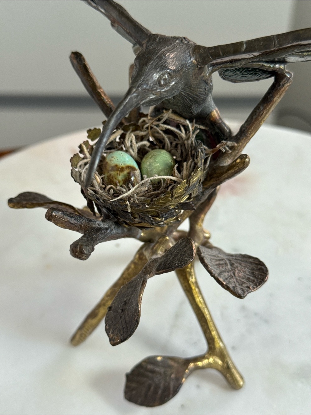 Bronze Hummingbird Nest Sculpture Figurine Stained Glass Style Decor